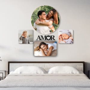 Família e amor: fotos de casal, bebê e criança, decoração de parede, lembrança de momentos especiais.