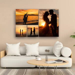 Pôr do sol romântico com casal na praia, fotos de amor ao entardecer, lembranças de momentos especiais.